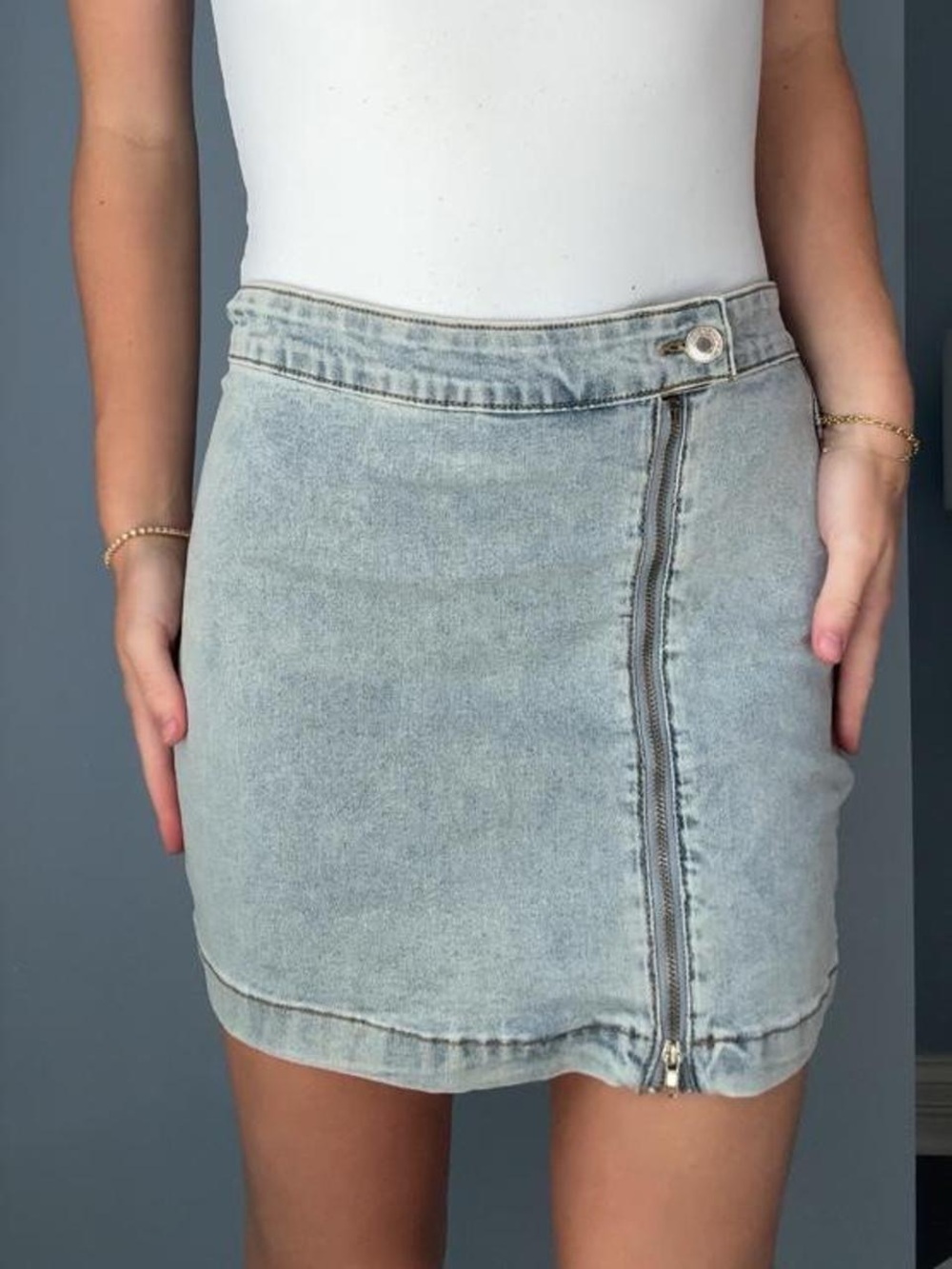 Edikted Light Blue Denim Mini Skirt with Front Zip Detail